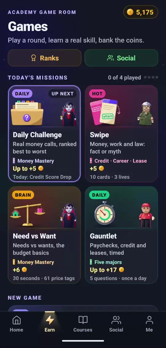 The game room: Daily Challenge, Swipe, Need vs Want and Gauntlet games
