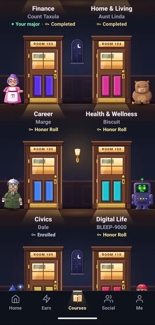 The Hall: classroom doors for majors like Finance with Count Taxula and Career with Marge