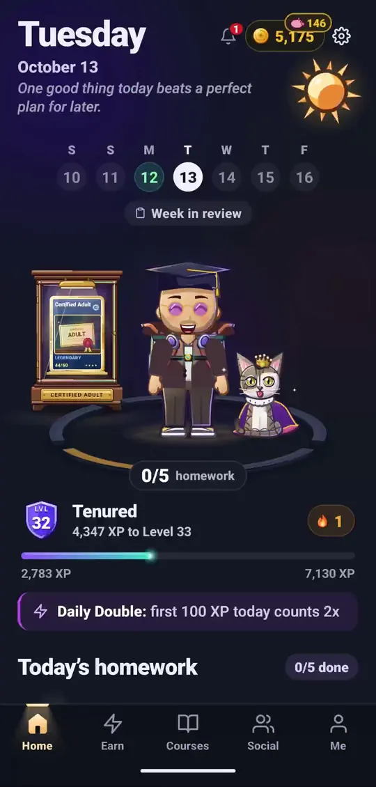Level: Adult home screen: a player character in a graduation cap with a pet cat, level 32, an XP bar and today's homework