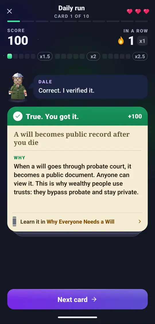 Swipe game: a true or myth card about wills, answered correctly for 100 points